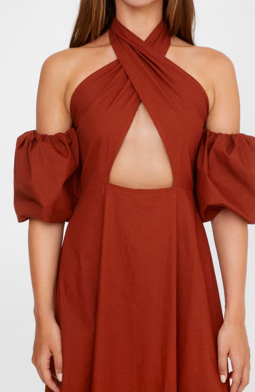 Shop Nasty Gal Cutout Halter Cold Shoulder Puff Sleeve Maxi Dress In Rust