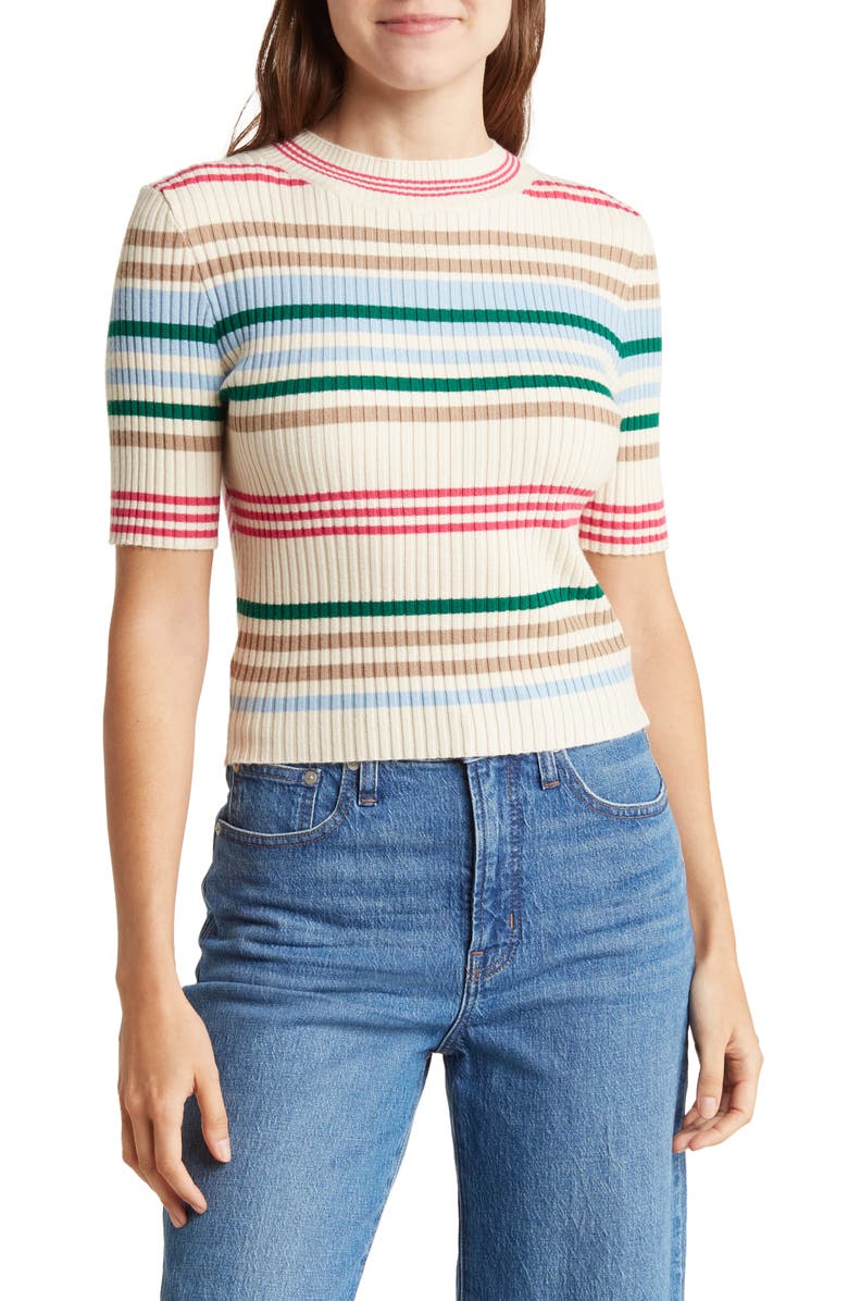 Cotton Emporium Stripe Short Sleeve Ribbed Sweater | Nordstromrack