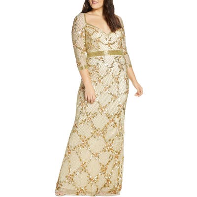 Plus Size MAC Duggal Sequin & Bead Sweetheart Neck Gown, Metallic