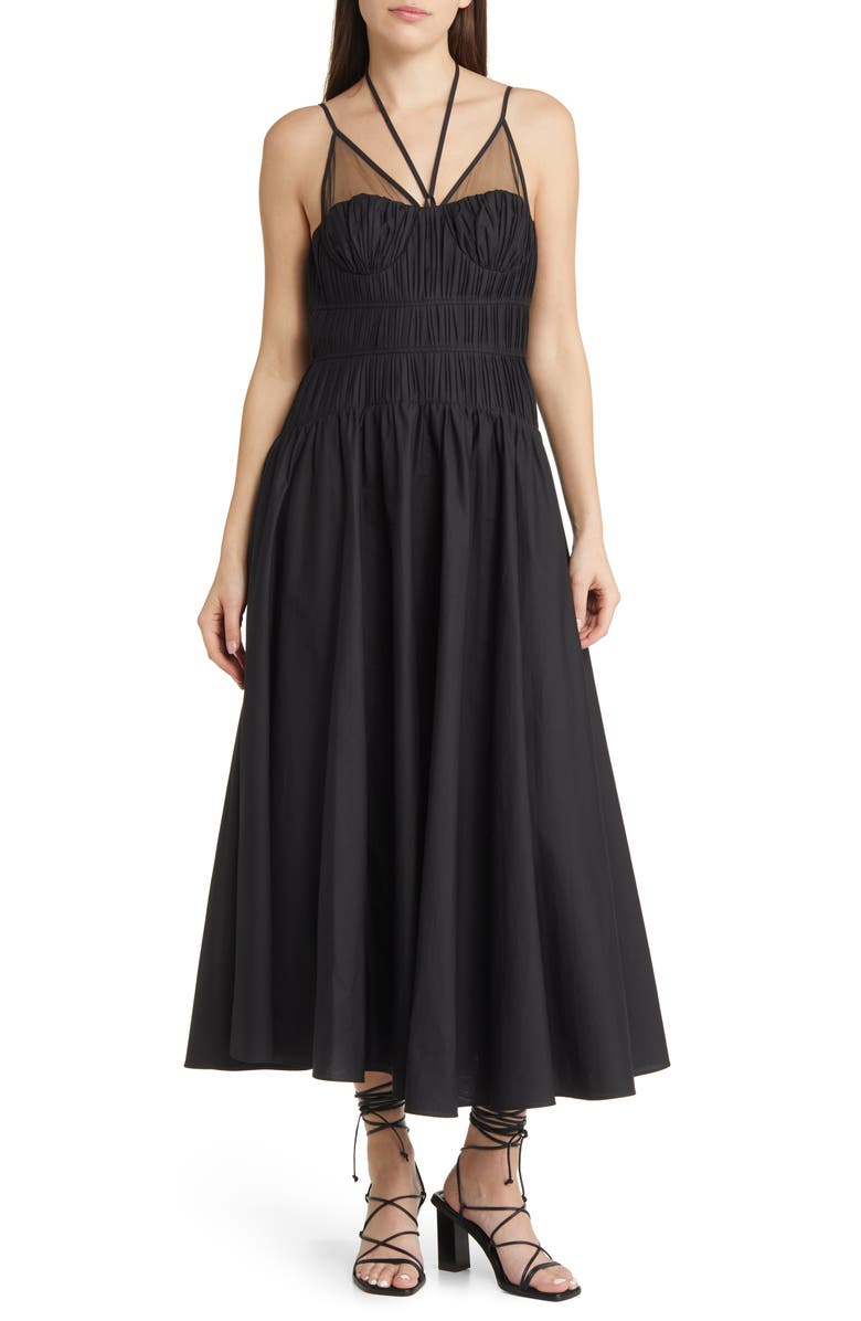 MOON RIVER Halter Neck Smocked Bodice Stretch Cotton Midi Dress | Nordstrom