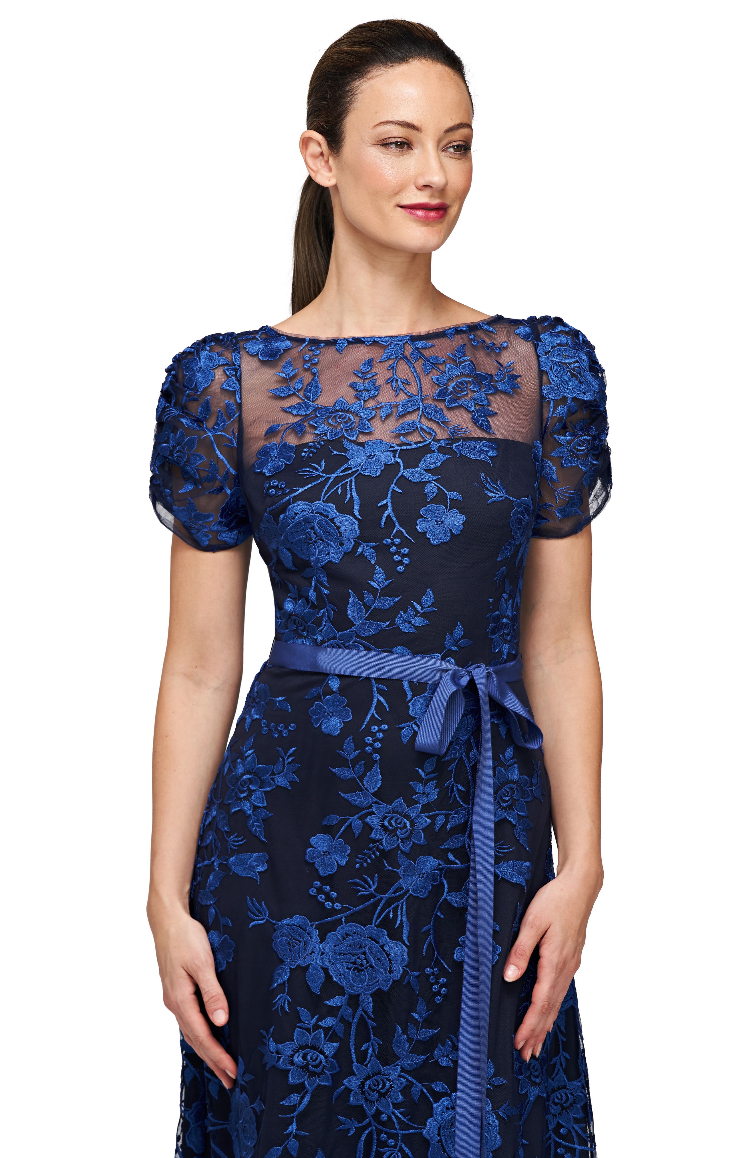 JS Collections Sarah Floral Embroidered Tie Belt Gown in Navy/Indigo |  Smart Closet