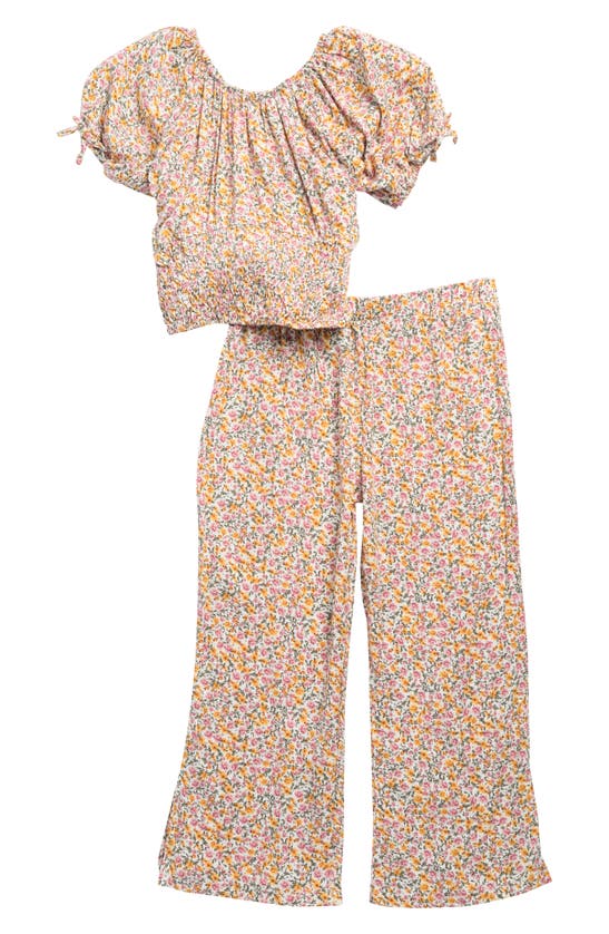 Jessica Simpson Kids' Smocked Top & Wide Leg Pants Set In Multi Ivory
