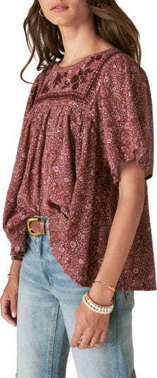 Lucky Brand Embroidered Flutter Sleeve Top (Rose Brown) Women's