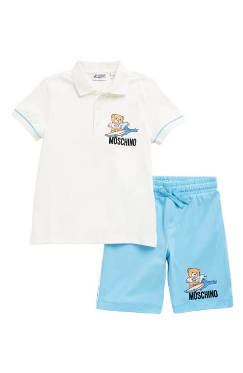 Moschino Kids' Surfing Teddy Graphic Polo & Shorts Set in Cloud/Aqua
