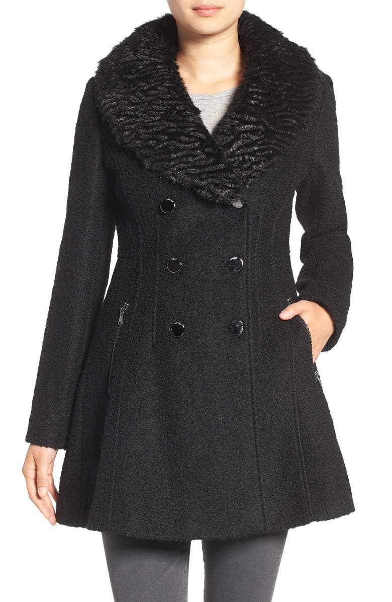 GUESS Bouclé Fit & Flare Coat with Faux Fur Collar | Nordstrom