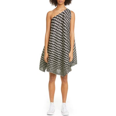 Pleats Please Issey Miyake Grid Print Pleated One-Shoulder Dress, (fits like 8 US) - Black