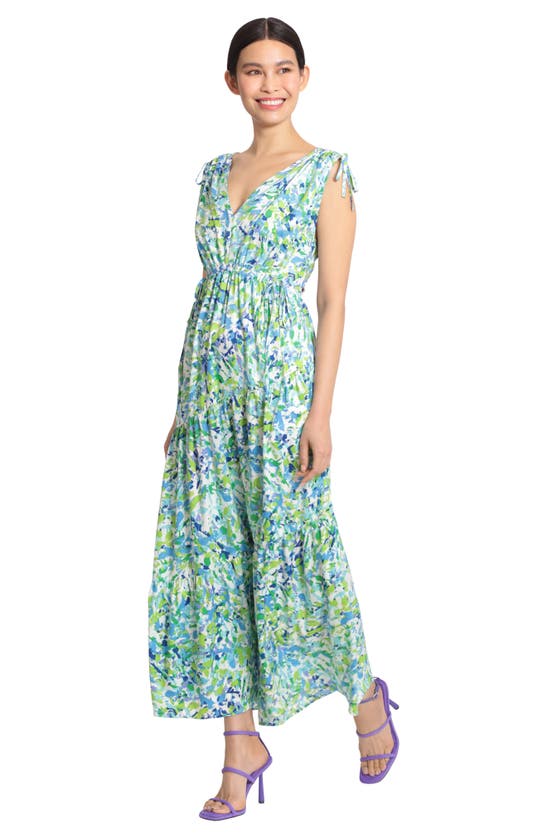 Maggy London Tie Shoulder Tiered Maxi Dress In Soft White/aqua | ModeSens