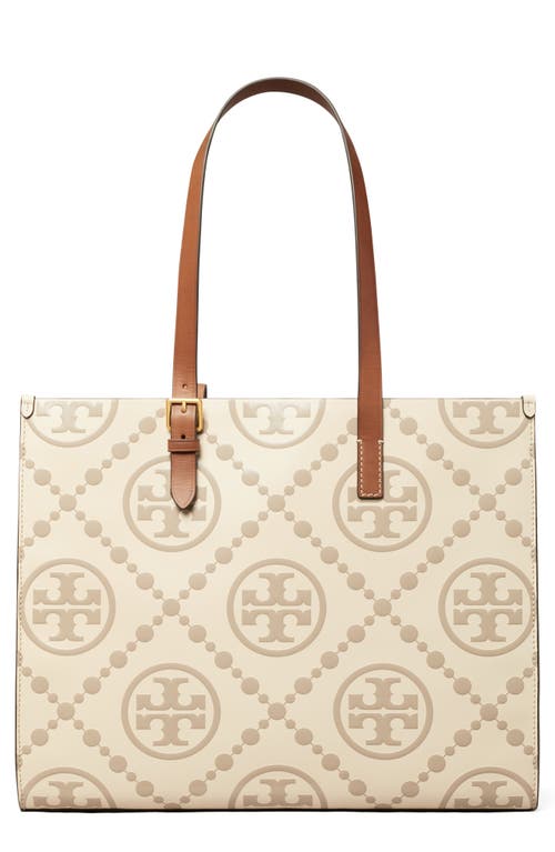 T Monogram Contrast Embossed Leather Tote in Leccio