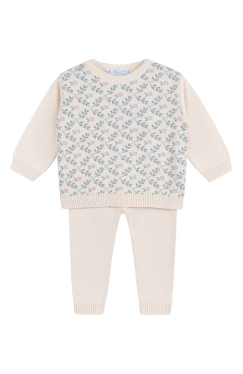 Feltman Brothers Floral Cotton Jacquard Sweater & Pants Set In Ecru