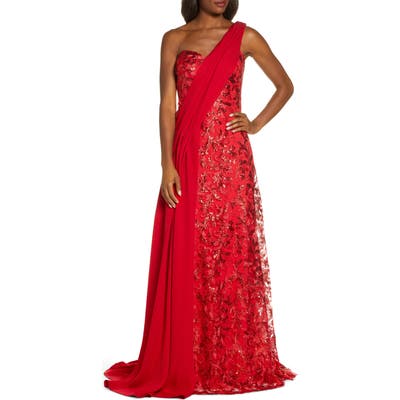 Tadashi Shoji One-Shoulder Sequin Lace & Crepe Gown, Red