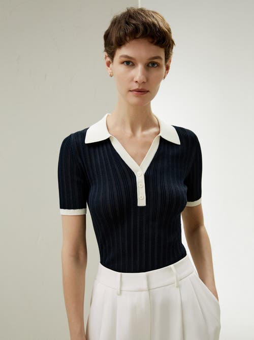 Shop Lilysilk V Neck Ribbed Silk Knit Top In Navy Blue