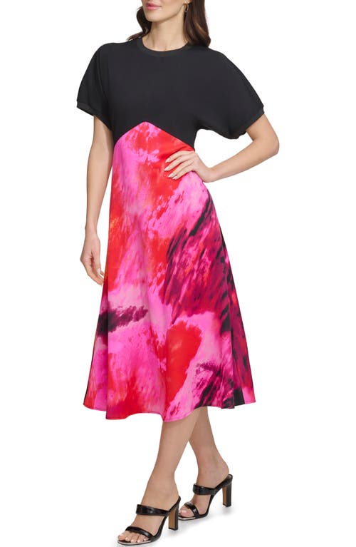 Shop Dkny Mixed Media Satin Midi Dress In Black/shocking Pink Multi