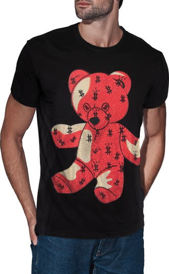New Fashion Bear Rhinestone Short Sleeve Luxury Men Red Black White Slim  T-Shirt