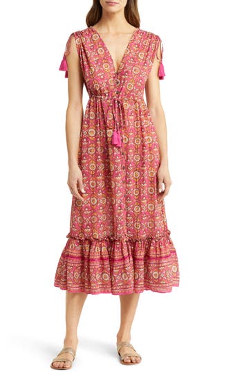 Veronica Beard Arjuna Tassel Tie Midi Dress In Pink