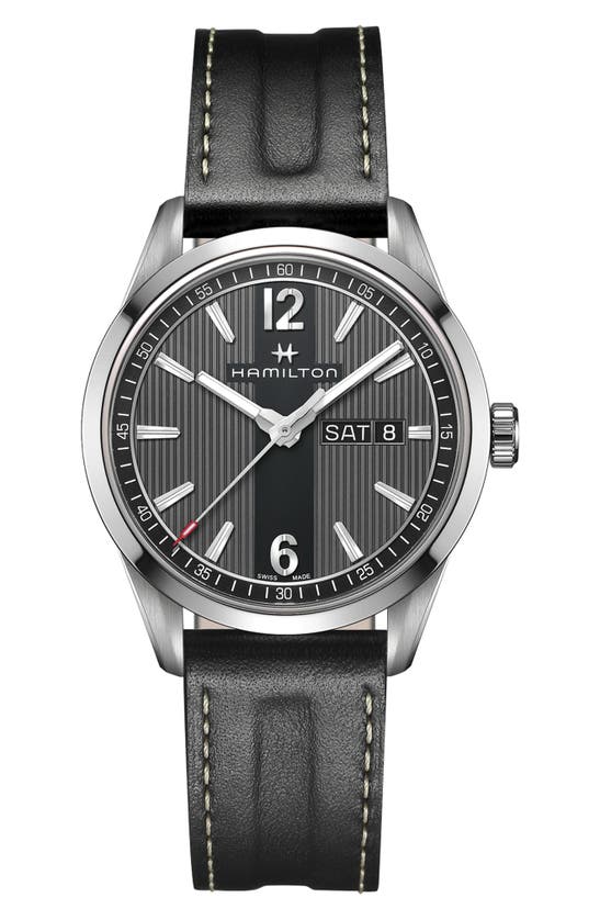 Hamilton American Classic Broadway Leather Strap Watch, 40mm In Black/silver/dark Grey 42