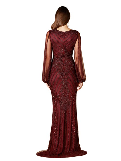 Shop Lara New York Long Flutter Sleeves Beaded Dress In Wine