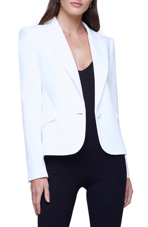 L'AGENCE Size 8 White Polyester Blend Woven Cropped Open Front Jacket Blazer