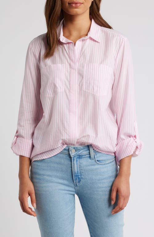 beachlunchlounge Stripe Cotton & Modal Button-Up Shirt in Liberty Pink 