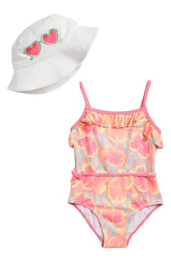 Shop Betsey Johnson Kids' One-piece Swimsuit & Hat Set In Coral Multi