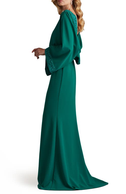 Tadashi Shoji Long-sleeve Open-back Gown In Emerald