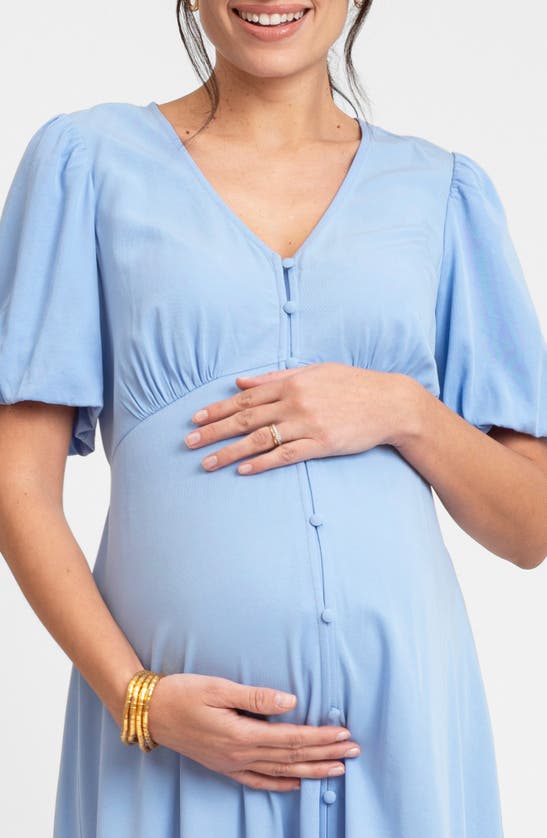 Seraphine Puff Sleeve Button-up Maternity Midi Dress In Blue