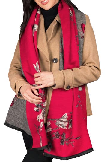 Saachi Floral Reversible Scarf In Red/grey/white