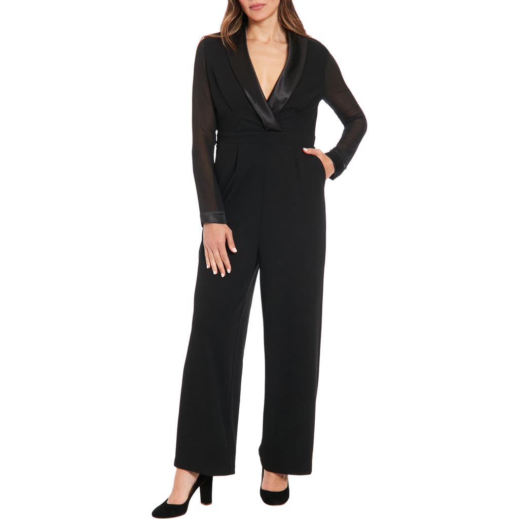 London Times Women's Tuxedo Chiffon-sleeve Jumpsuit In Black