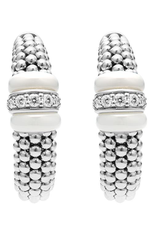 Lagos Ceramic & Sterling Silver White Caviar Diamond Hoop Earrings In Silver/diamond