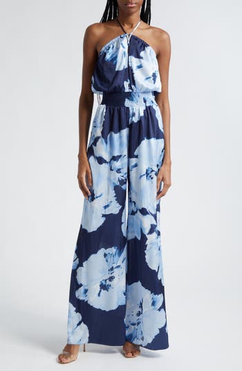 Ramy Brook Mindy Watercolor Bloom Strapless Wide-leg Jumpsuit In Spring Navy Watercolor