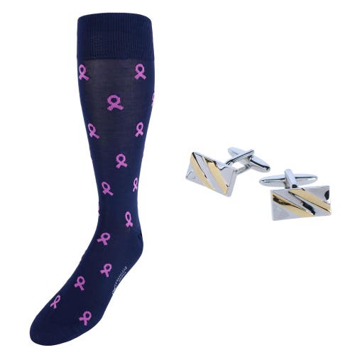 Shop Trafalgar Rhodium And Gold Cufflinks And Mid-calf Awareness Socks In Silver