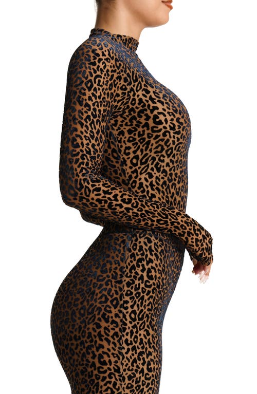 Shop Naked Wardrobe Burnout Velvet Long Sleeve Bodysuit In Leopard Nude