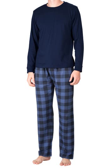 Sleephero Long Sleeve Pajama T-shirt & Buffalo Check Fleece Pajama Pants Set In Sailor Navy Buffalo Check
