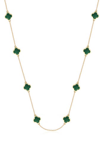 Gabi Rielle 14k Over Silver Malachite Clover Station Necklace In Gold/malachite