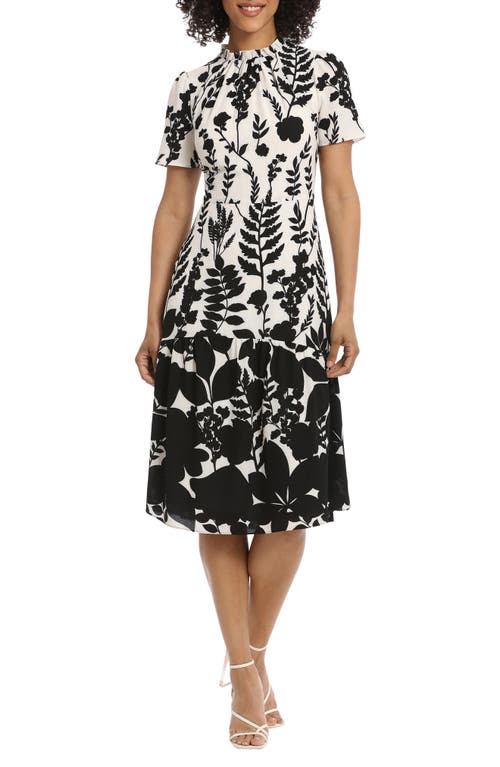 Maggy London Ruffle Neck Short Sleeve Midi Dress in Ivory/Black