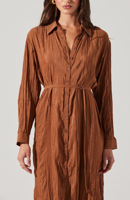 Shop Astr The Label Belted Long Sleeve Midi Shirtdress In Brown