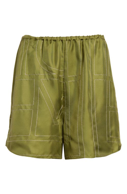 Shop Totême Toteme Monogram Embroidered Silk Shorts In Laurel