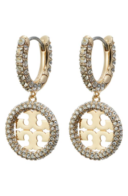 Tory Burch Miller Pavé Crystal Logo Drop Huggie Hoop Earrings in Tory Gold /Crystal at Nordstrom
