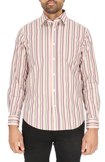 Scotch & Soda Modern Fit Stripe Stretch Cotton Dress Shirt In Pink Multi