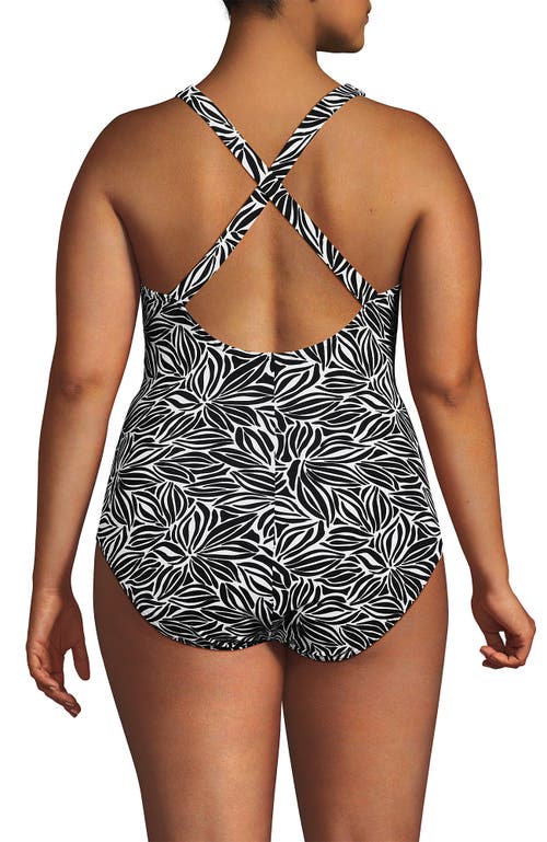 Shop Lands' End Plus Size Chlorine Resistant X-back High Leg Soft Cup Tugless Sporty One Piece In Black/white Abstract Floral