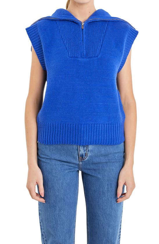 Shop English Factory Zip Mock Neck Cap Sleeve Sweater In Royal Blue