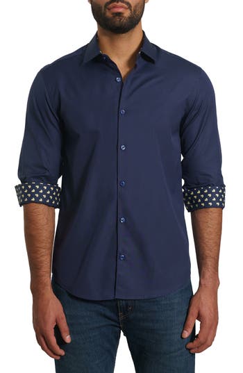 Jared Lang Men's Trim Fit Contrast Cuff Pima Cotton Sport Shirt In Dark Blue