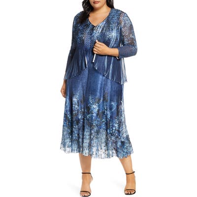 Plus Size Komarov Floral Midi Dress With Long Sleeve Jacket, Blue