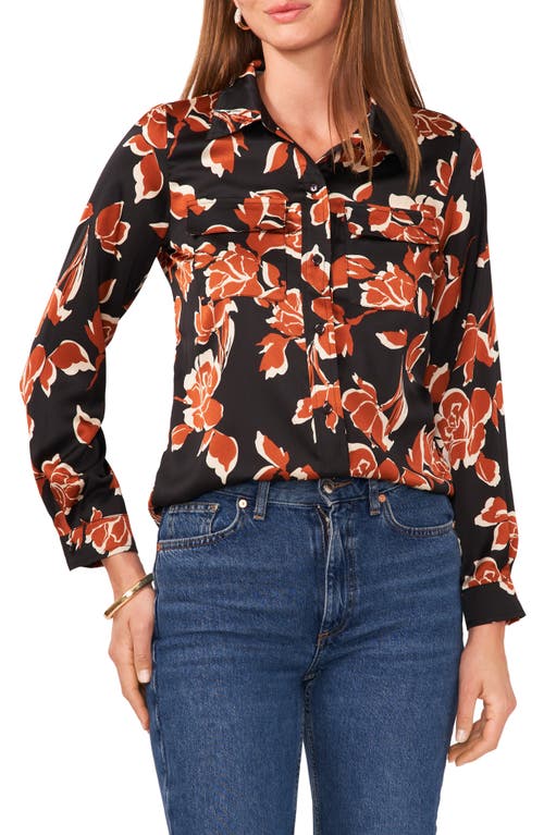 Chaus Floral Print Button-Up Utility Shirt Rich Black at Nordstrom,