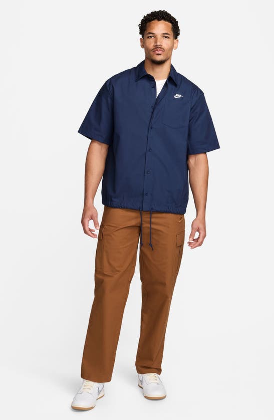 Shop Nike Club Venice Short Sleeve Drawstring Hem Cotton Button-up Shirt In Midnight Navy/ White