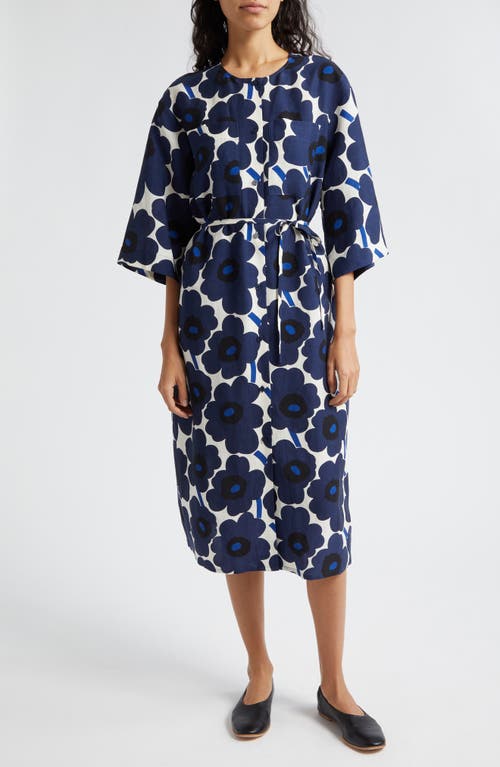 Markkinat Unikko Floral Shirtdress in Dark Blue Off-White Blue