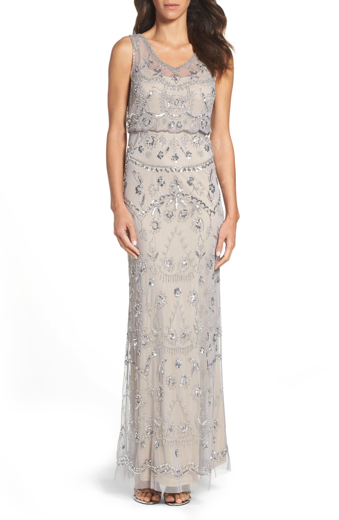 Adrianna Pappell Beaded Mesh Blouson Gown | Nordstrom
