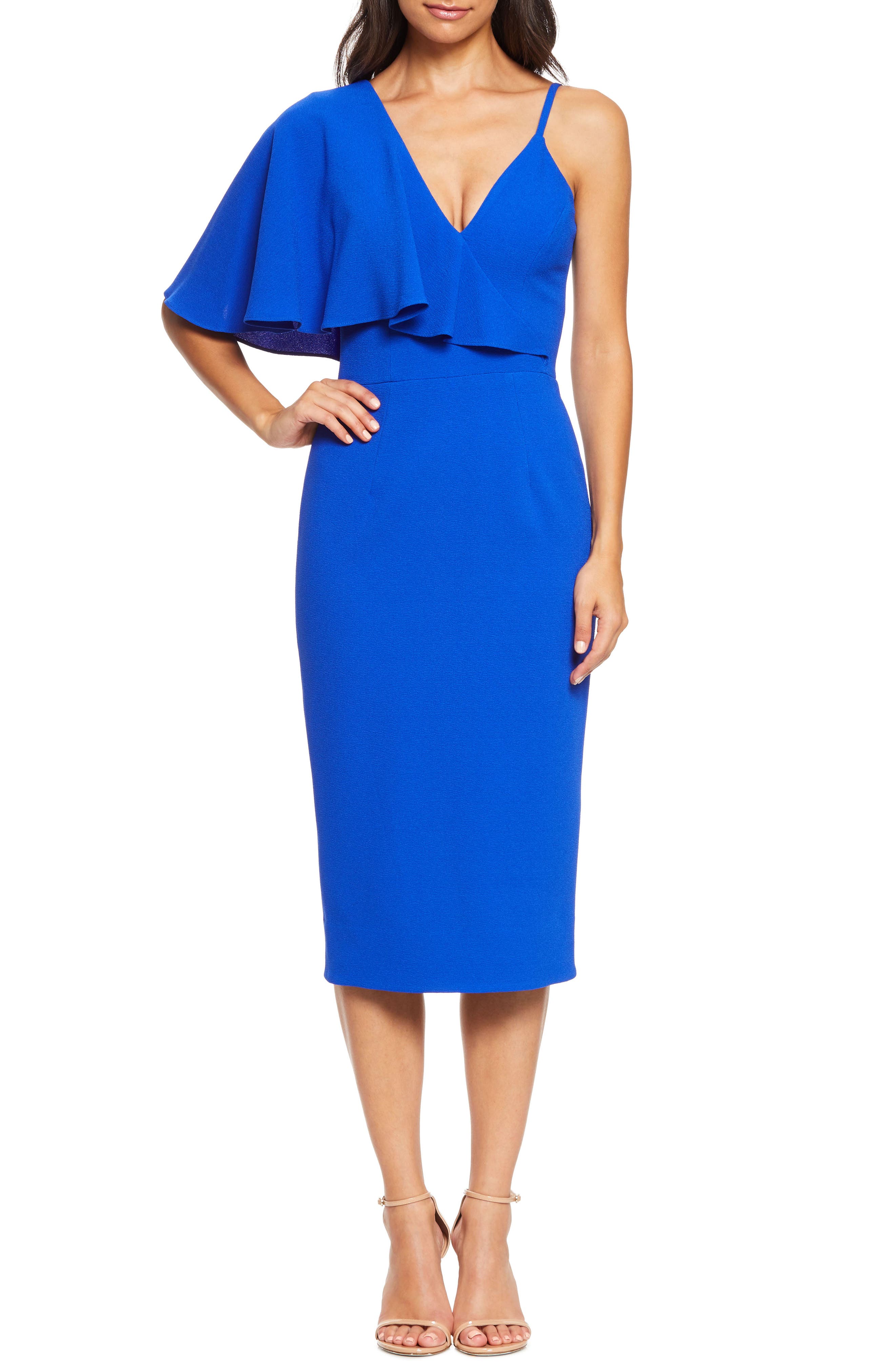 Dress The Population Beth Asymmetrical Ruffle Sleeve Dress, Blue