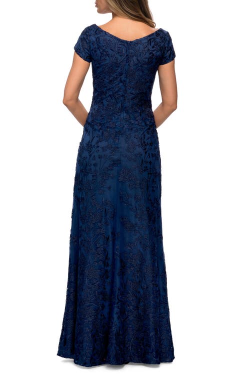 La Femme Lace Evening Gown With Cap Sleeves And V-neck In Navy