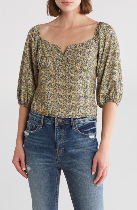 Notch Neck Puff Sleeve Top