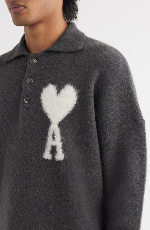 Shop Ami Alexandre Mattiussi Ami Paris Ami De Coeur Oversize Alpaca Blend Polo Sweater In Dark Grey